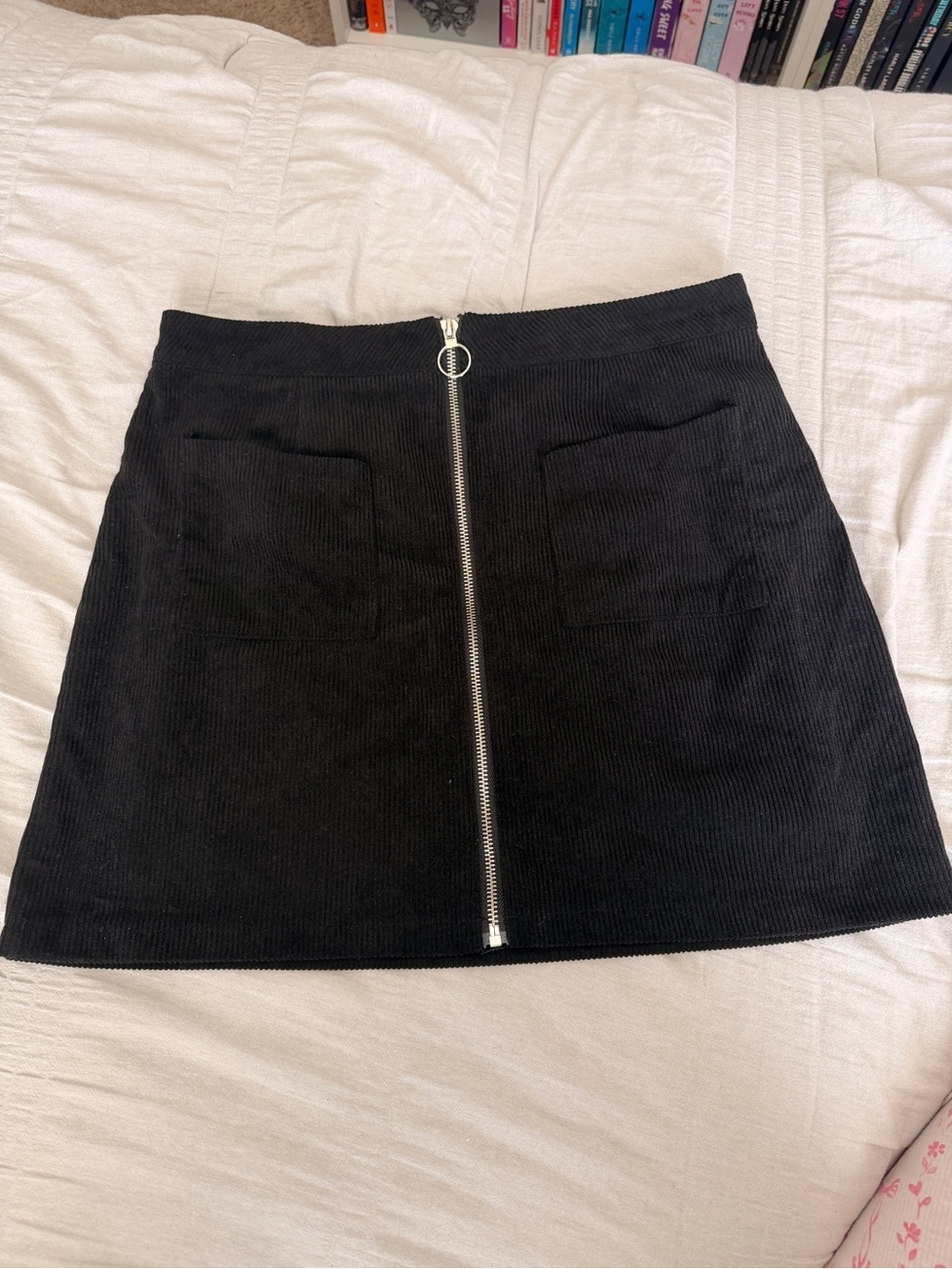 SHEIN Black Corduroy Mini Skirt with Silver Front Zip